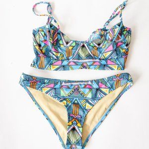Mara Hoffman Geometric Print Bikini in Light Blue, Yellow, Pink